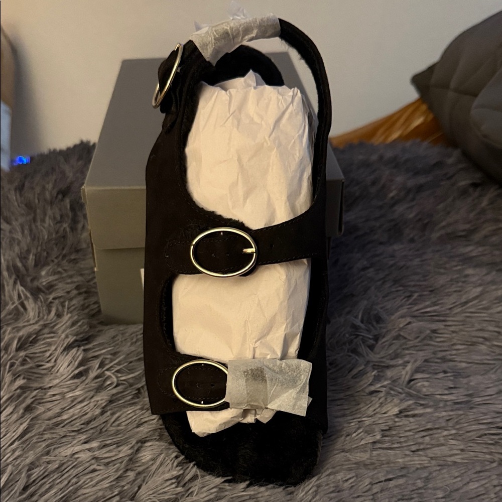 LOFT Ann Taylor Black Sherpa Open Toe Sandals with Silver Buckles